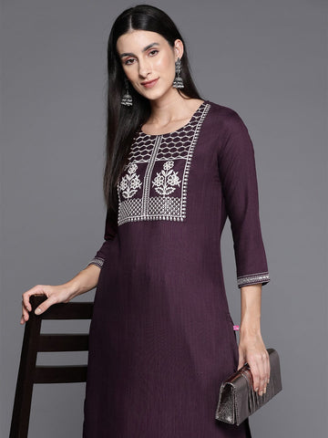 Burgundy Round Neck Embroidered Yoke Straight Kurta